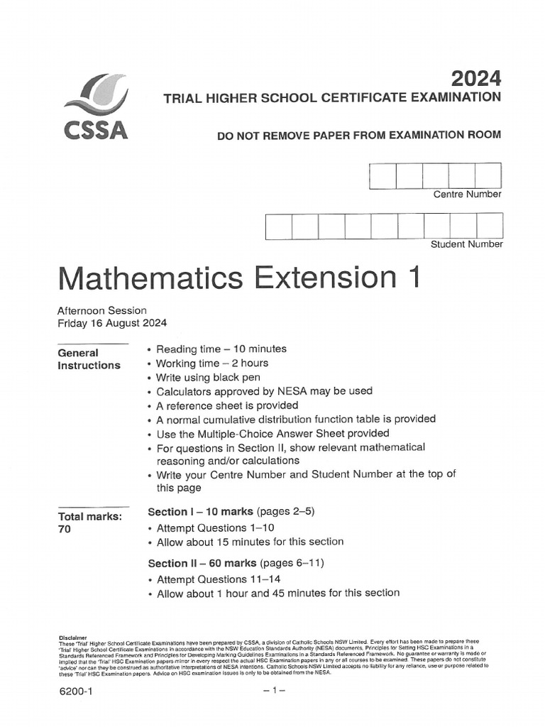2024 Mathematics Extension 1 Trial HSC | PDF