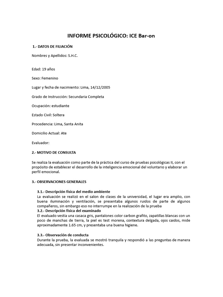 Copia de INFORME PSICOLÓGICO (A) | PDF | Las emociones ...
