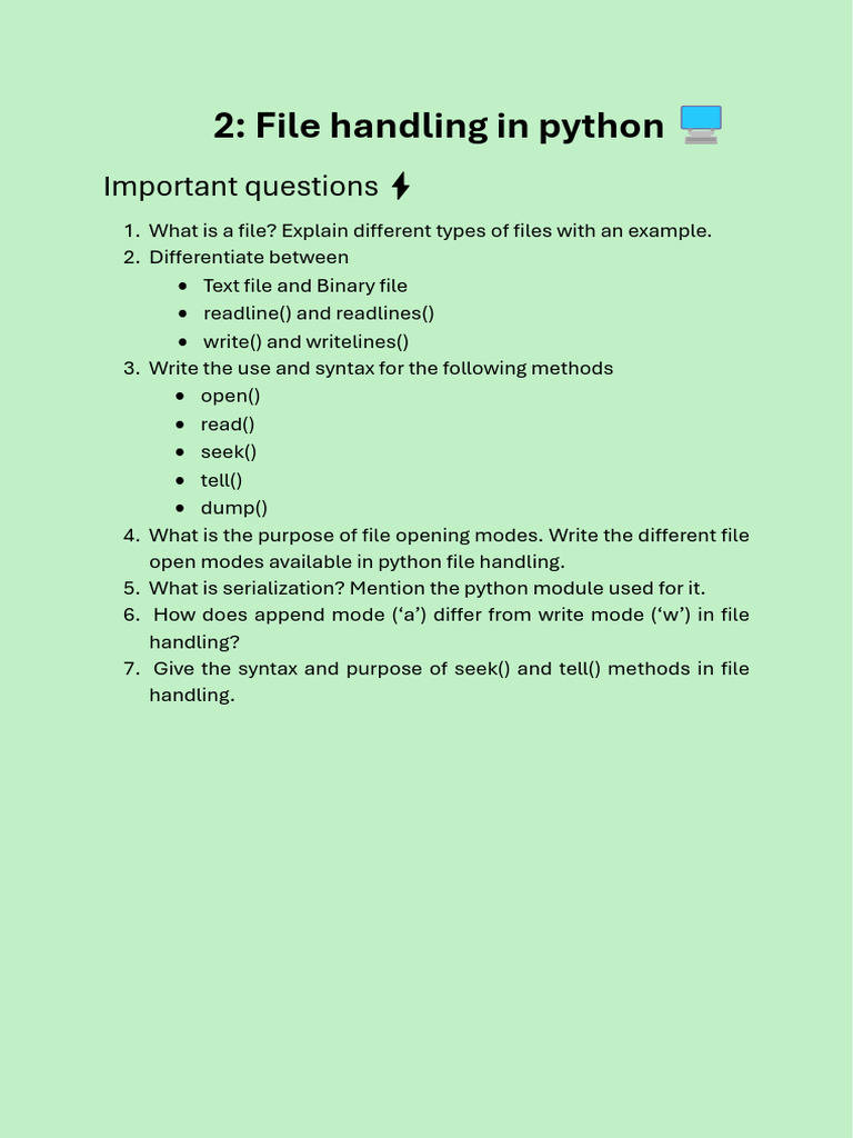 Python File Handling: Key Concepts & Questions | PDF