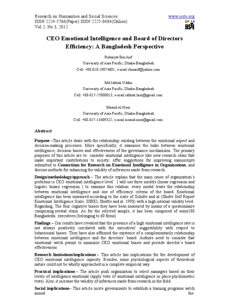CEO Emotional Intelligence Impact on Governance | PDF | Emotional ...