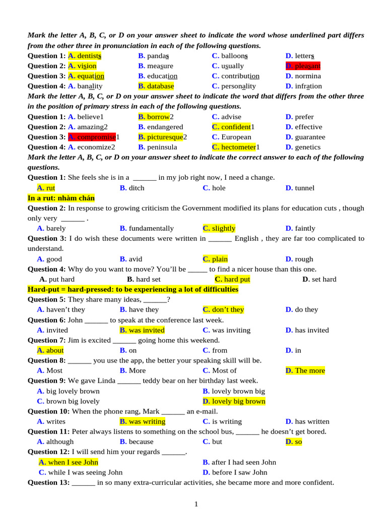 Pronunciation and Stress Practice Questions | PDF | Disability | Employment
