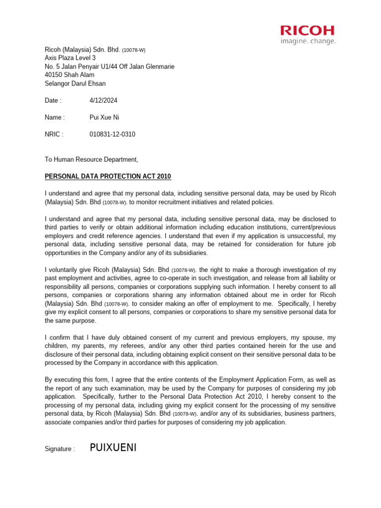 Ricoh Malaysia Job Application Consent Form | PDF | Information ...