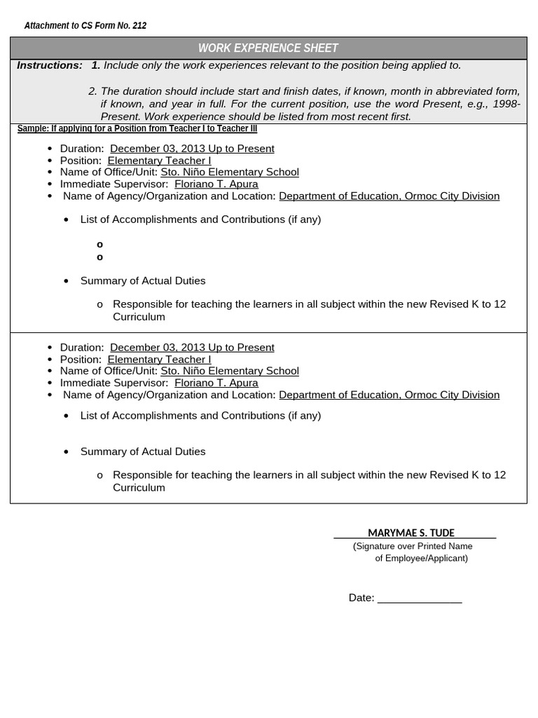 CS Form 212 Work Experience Template | PDF