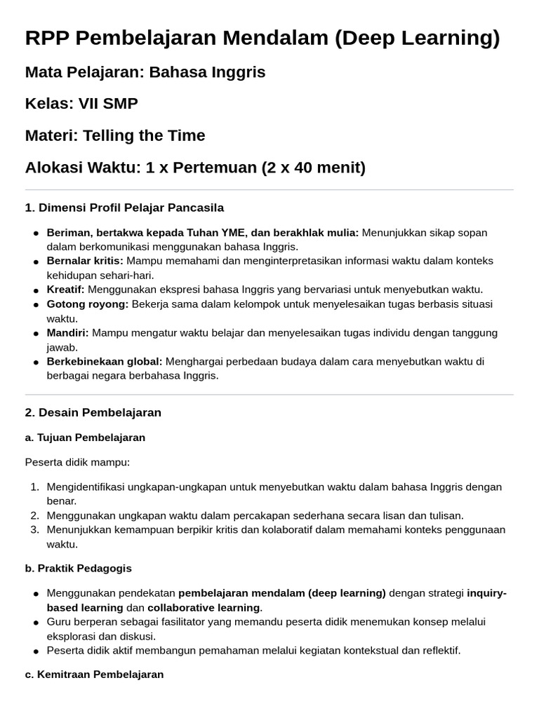 RPP Deep Learning Bahasa Inggris Kelas 7 | PDF