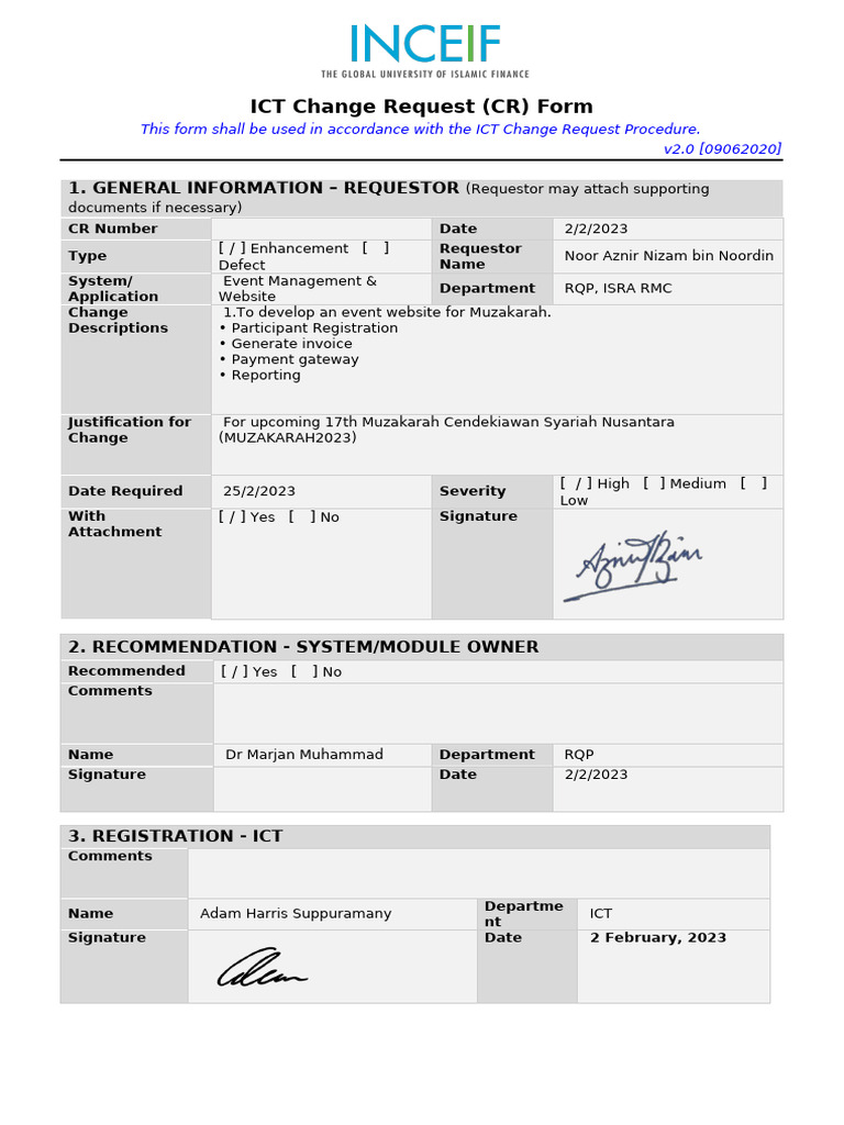 ICT Change Request Form v2.0-Muzakarah-Event | PDF