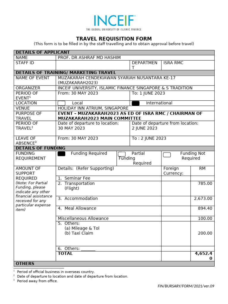 2023-04-14 - Travel Requisition Form (TRF) - Prof Ashraf | PDF | Expense