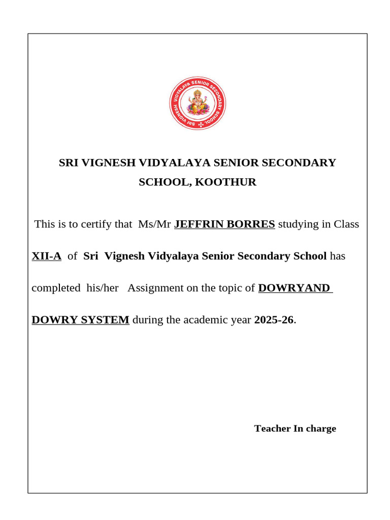 Dowry System Assignment Certificate | PDF