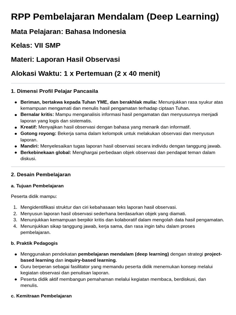 RPP Deep Learning Laporan Observasi SMP | PDF
