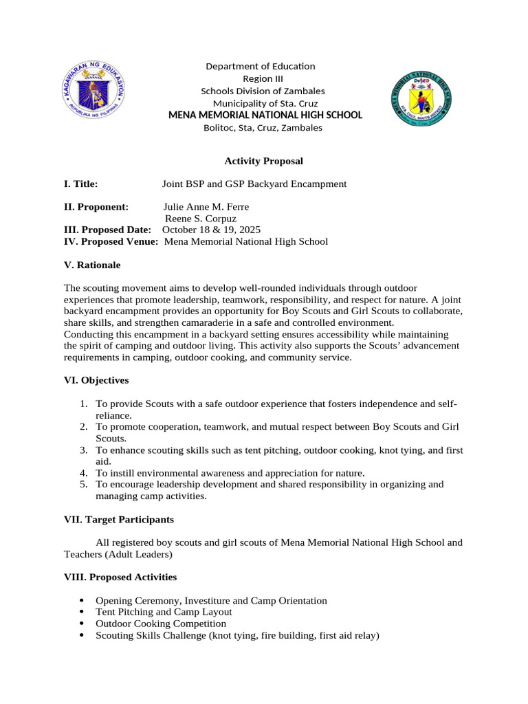 Joint BSP-GSP Backyard Encampment Proposal | PDF | Scouting