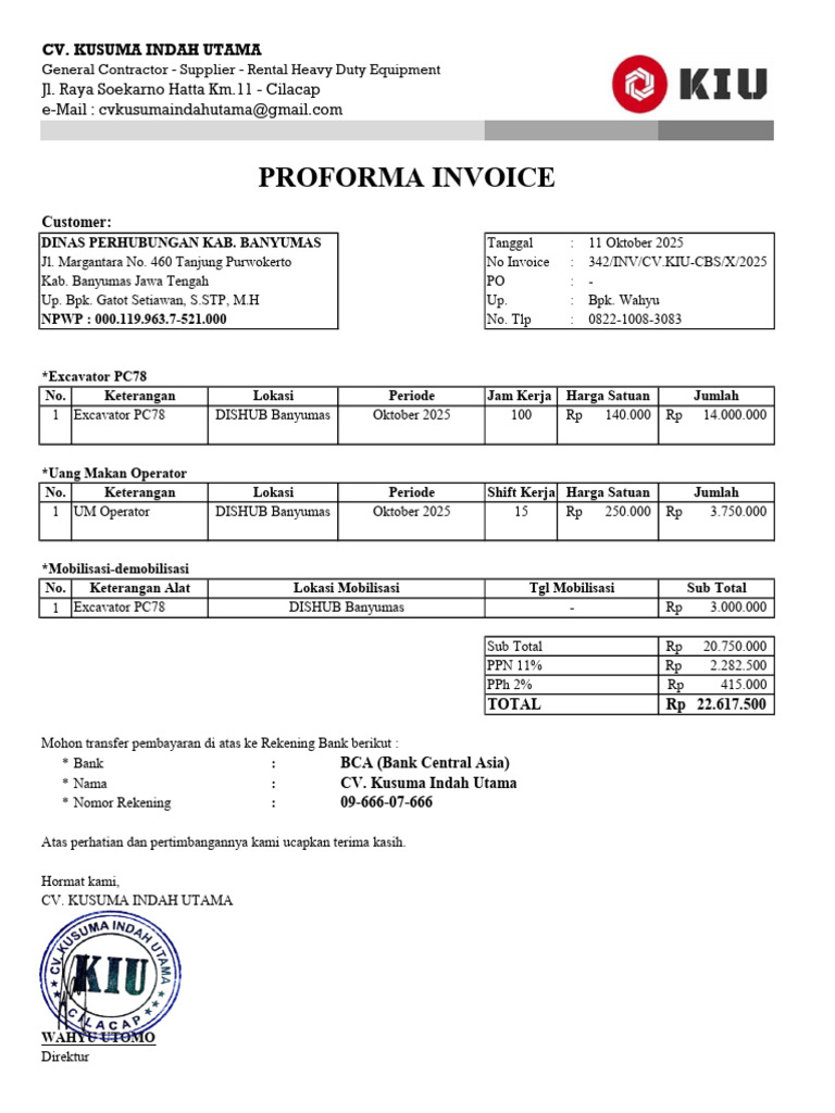 Proforma Invoice CV. Kusuma Indah Utama | PDF