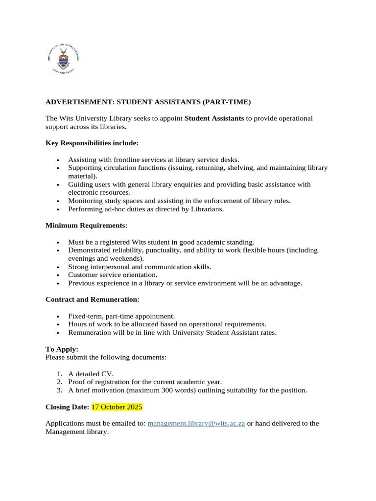 Wits Library Part-Time Student Assistants | PDF
