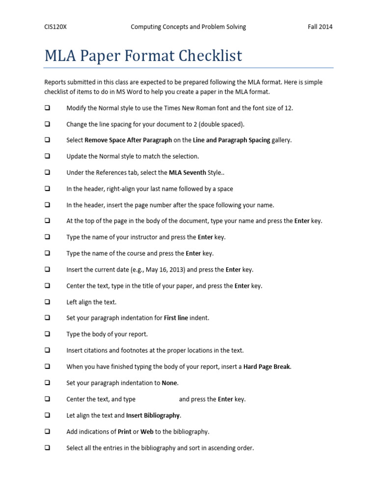 MLA Paper Format Checklist | PDF