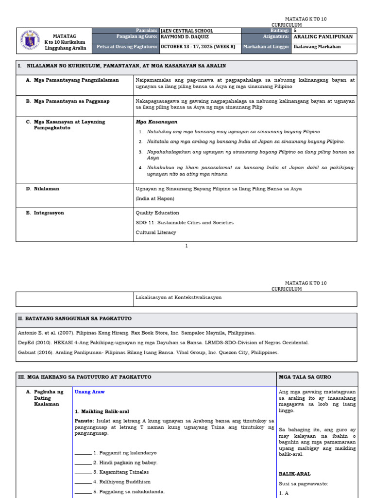 DLL Matatag - Ap 5 q2 w8 | PDF