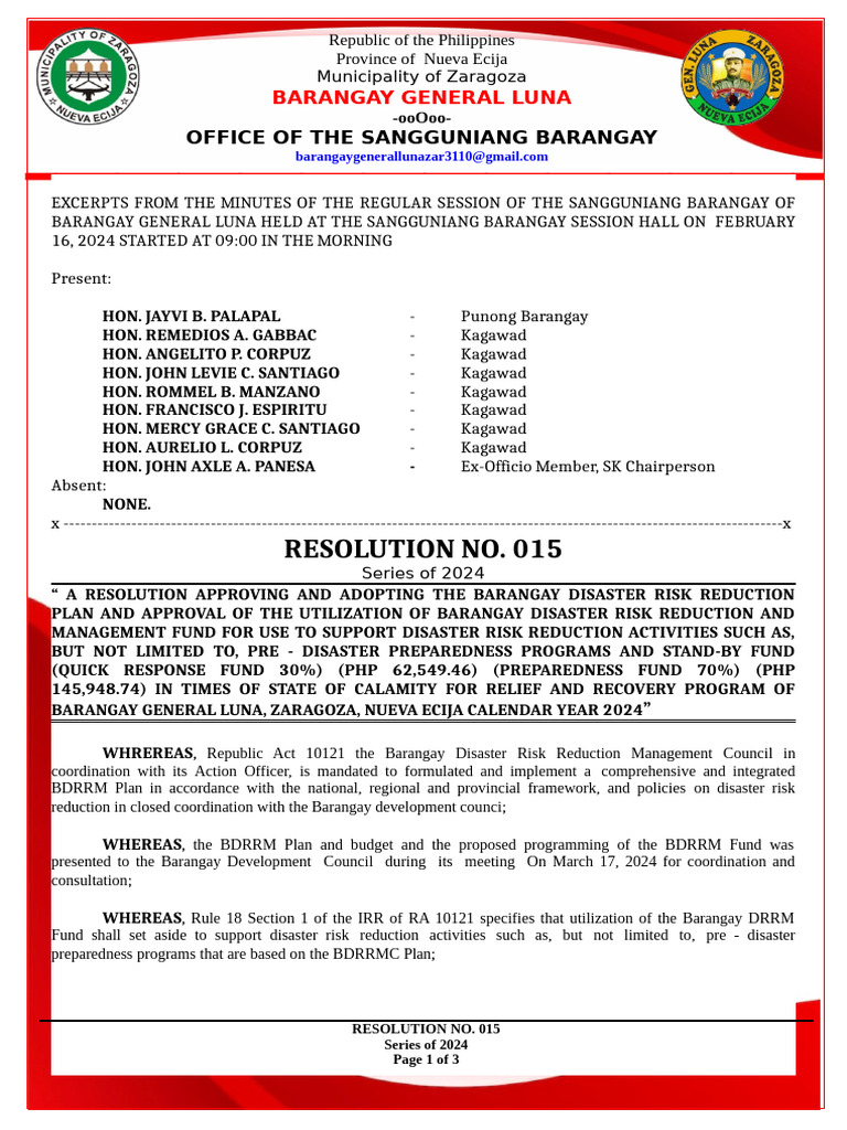 Barangay Disaster Risk Reduction Plan | PDF | Government | Emergency ...