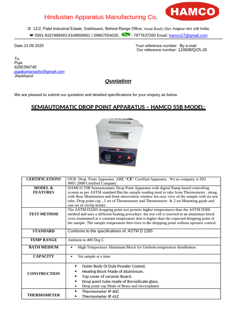 Hamco 55b-Semiautomatic Drop Point Apparatus Quotation | PDF