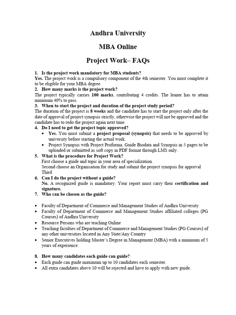 MBA Project Work FAQs - Andhra University | PDF | Thesis