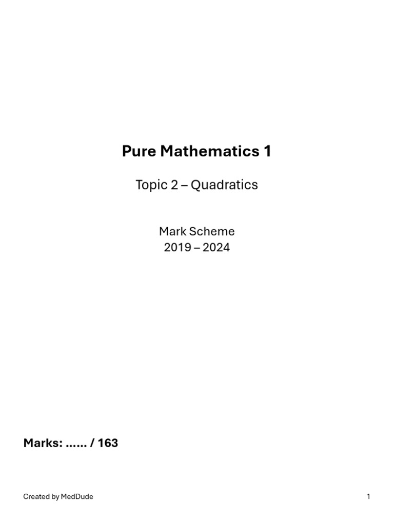 P1 - Topic 2 Quadratics 2019 - 2024 MS | PDF