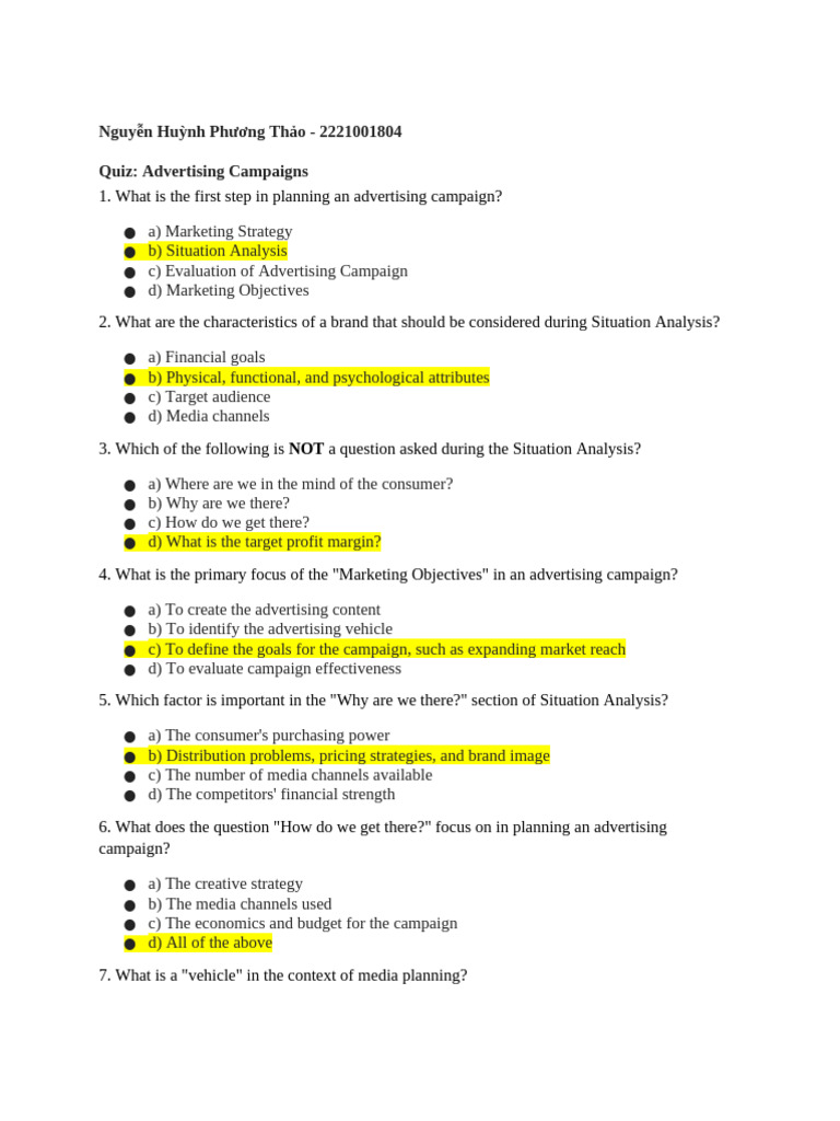 Advertising Campaign Planning Quiz | PDF | Advertising | Marketing