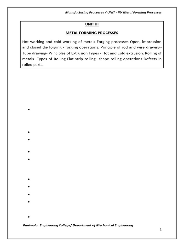 MP Notes - Unit - III | PDF | Extrusion | Rolling (Metalworking)