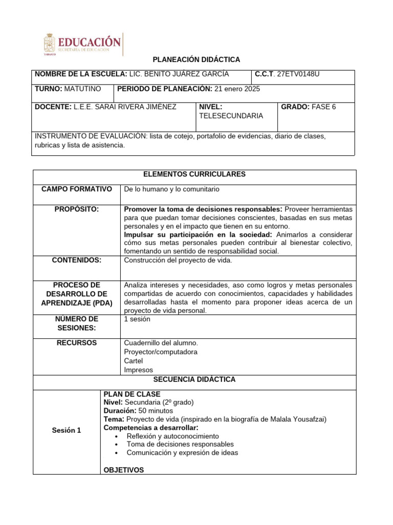 Planeación Didáctica: Proyecto de Vida | PDF | Plan de estudios ...