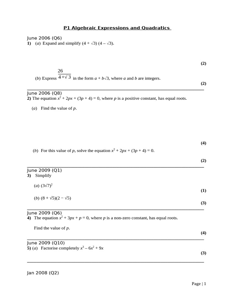 Algebraic Expression and Quadratics Past Paper Questions | PDF ...