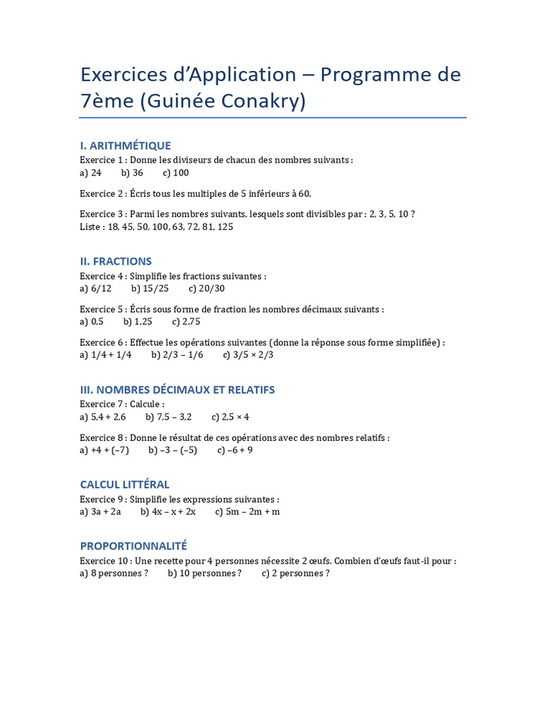 Exercices de mathématiques 7ème Guinée | PDF