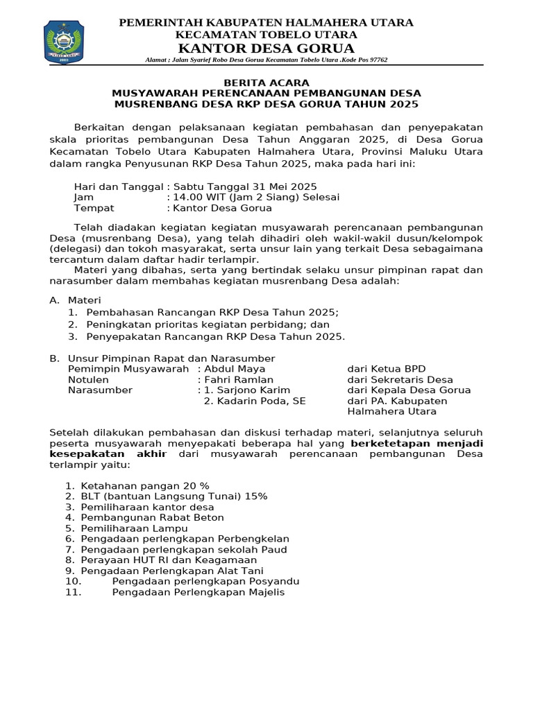 Musrenbang Desa Gorua 2025: RKP dan Prioritas | PDF