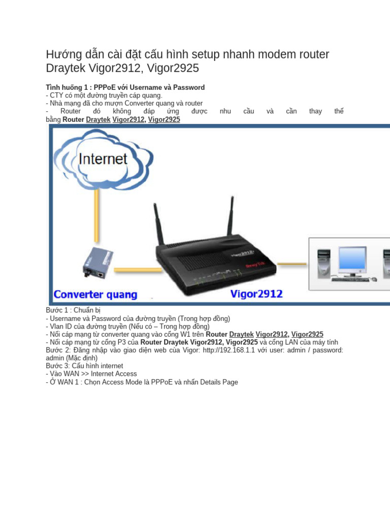Hướng Dẫn Cài Đặt Cấu Hình Setup Nhanh Modem Router Draytek Vigor2912 | PDF