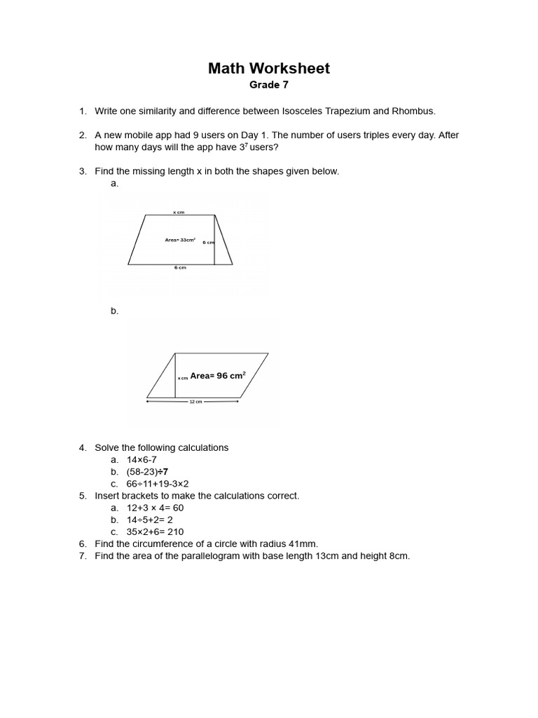 Grade 7 Math Worksheet Activities | PDF