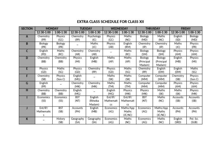 Extra Class Schedule For Class Xii | PDF | Science | Mathematics