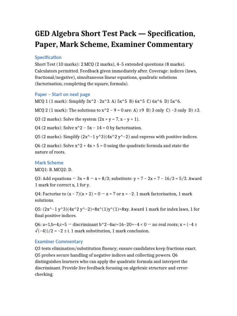 GED Algebra Short Test Pack | PDF
