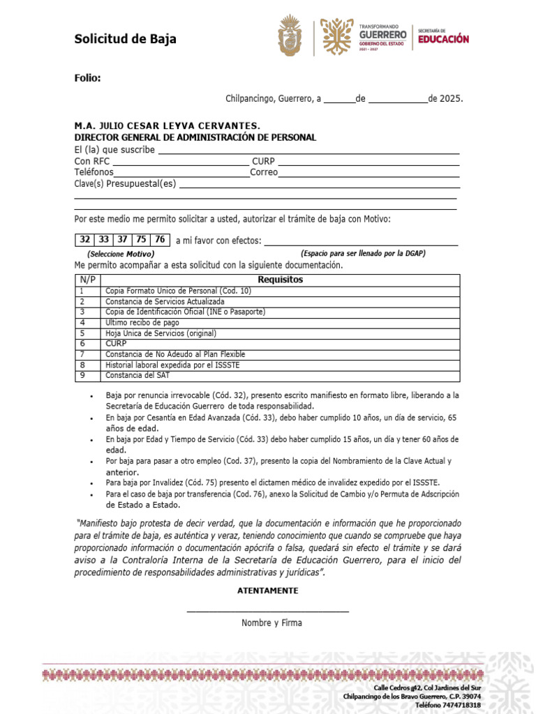 Solicitud de Baja Laboral en Guerrero | PDF
