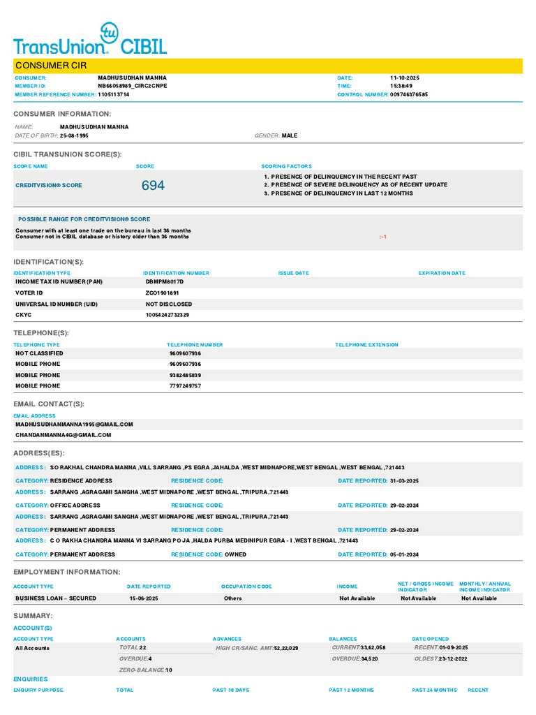 Dbmpm8017d Cibil Report | PDF | Loans | Unsecured Debt