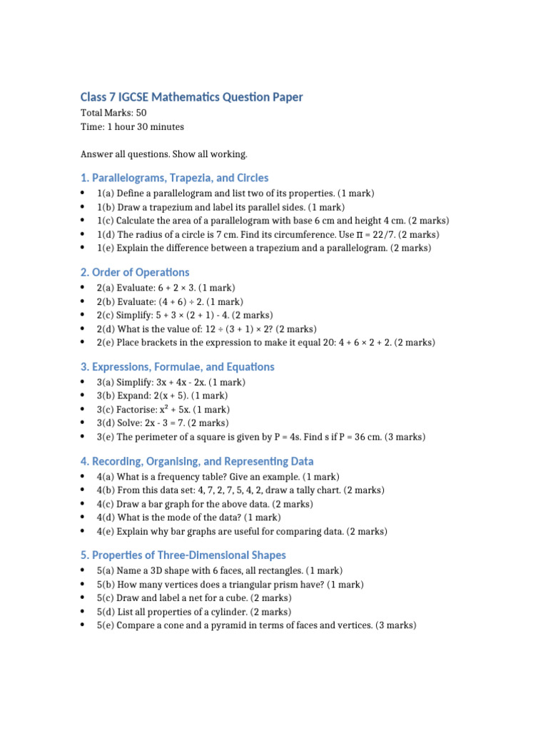 Class 7 IGCSE Maths Question Paper | PDF