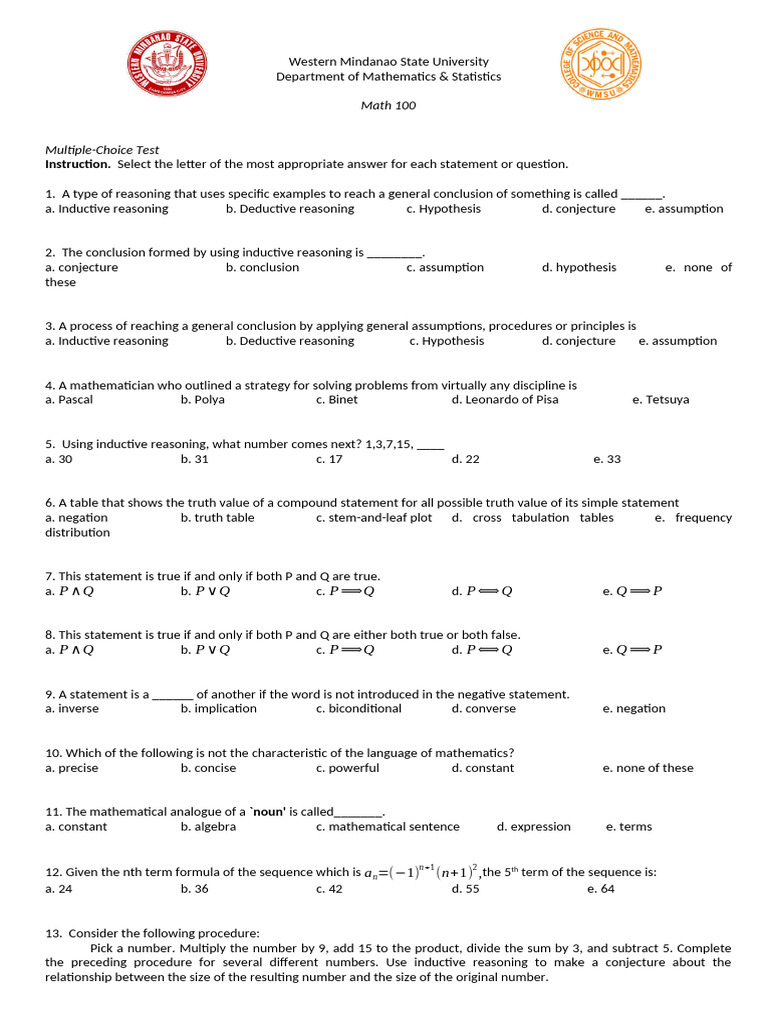 Math 100 Multiple-Choice Test Guide | PDF | Argument | Inductive Reasoning