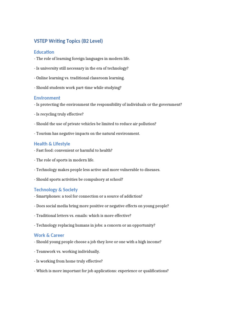 VSTEP B2 Writing Topics Overview | PDF
