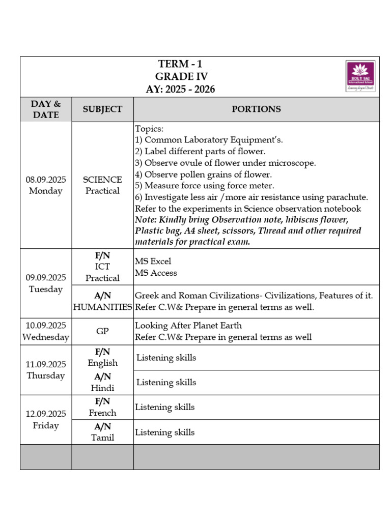 Grade IV Term 1 Exam Schedule 2025-2026 | PDF | Multiplication ...
