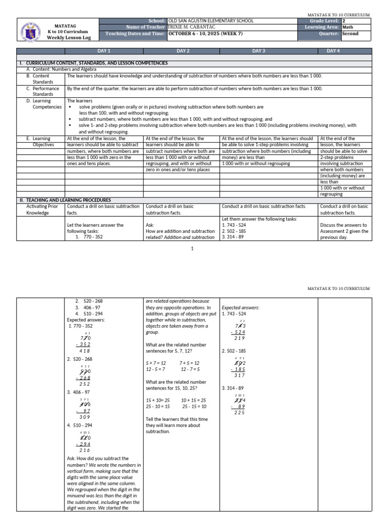 Grade 2 Math Subtraction Lesson Plan | PDF | Subtraction | Arithmetic