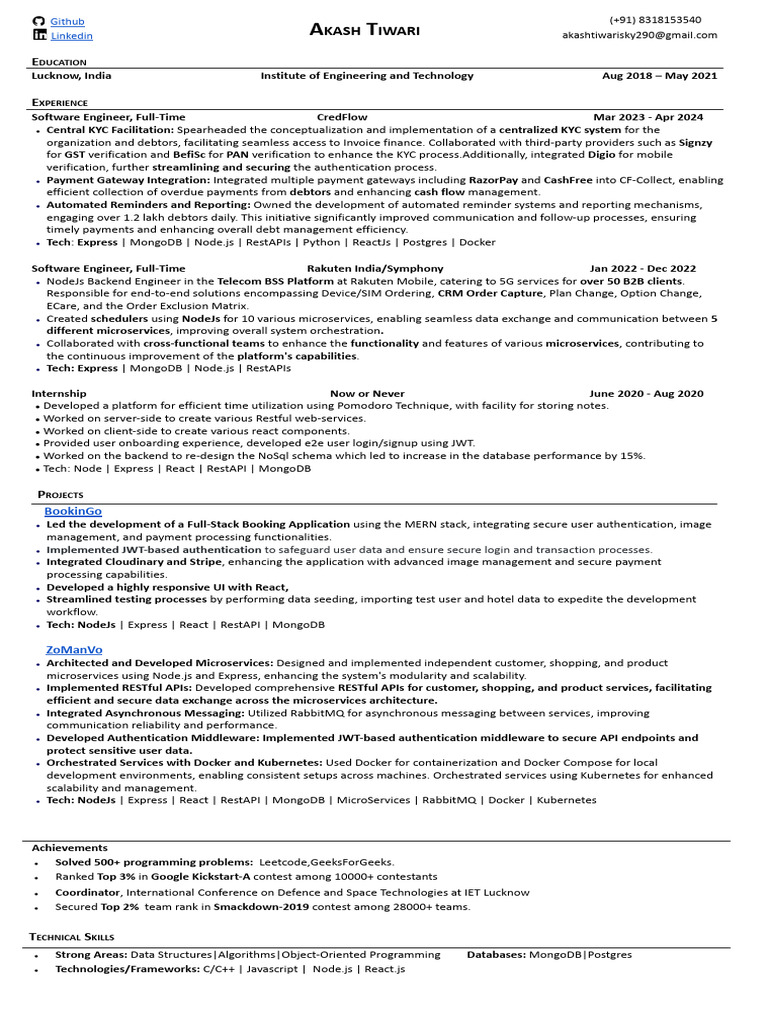 Akash Tiwari: Software Engineer Profile | PDF | Computing | Information ...