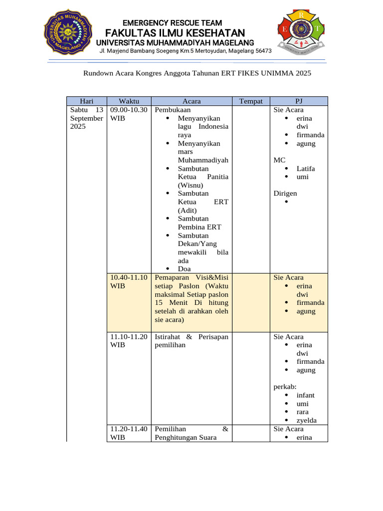 Rundown Acara Kongres Anggota Tahunan ERT FIKES UNIMMA 2025 | PDF