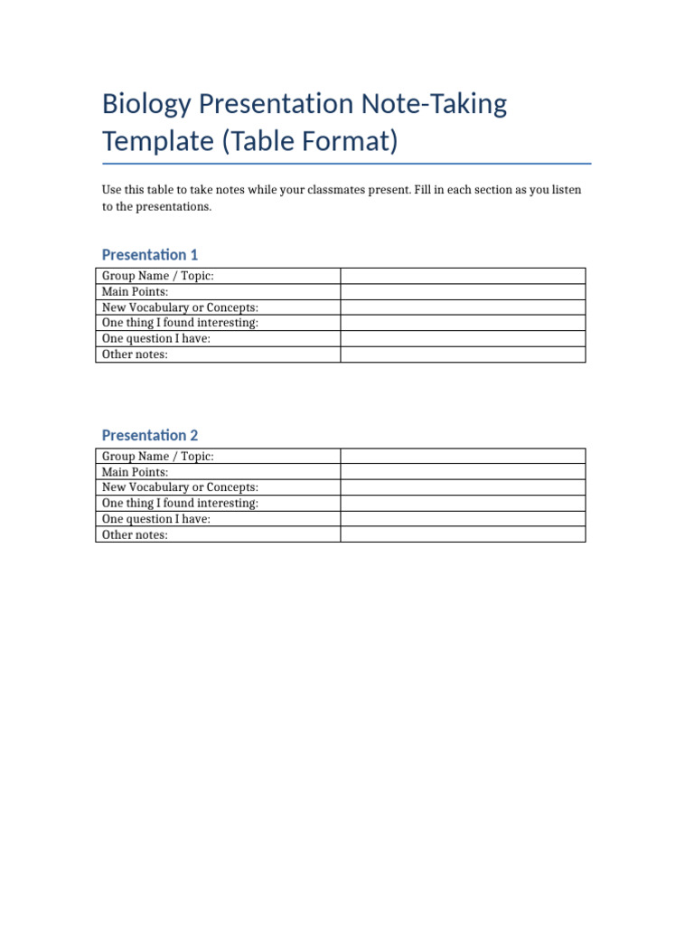 Biology Presentation Note Taking Template Table Format | PDF