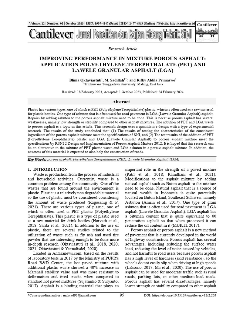 Enhancing Porous Asphalt with PET & LGA | PDF | Plastic | Road Surface