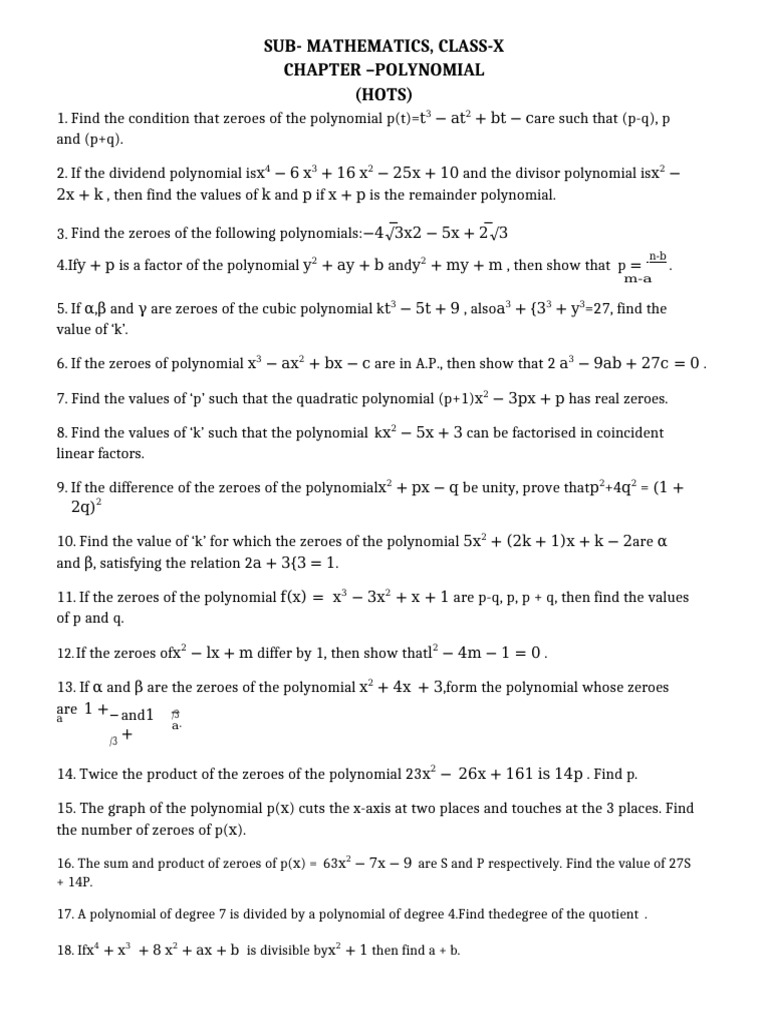 Class X Polynomial Problems and Solutions | PDF