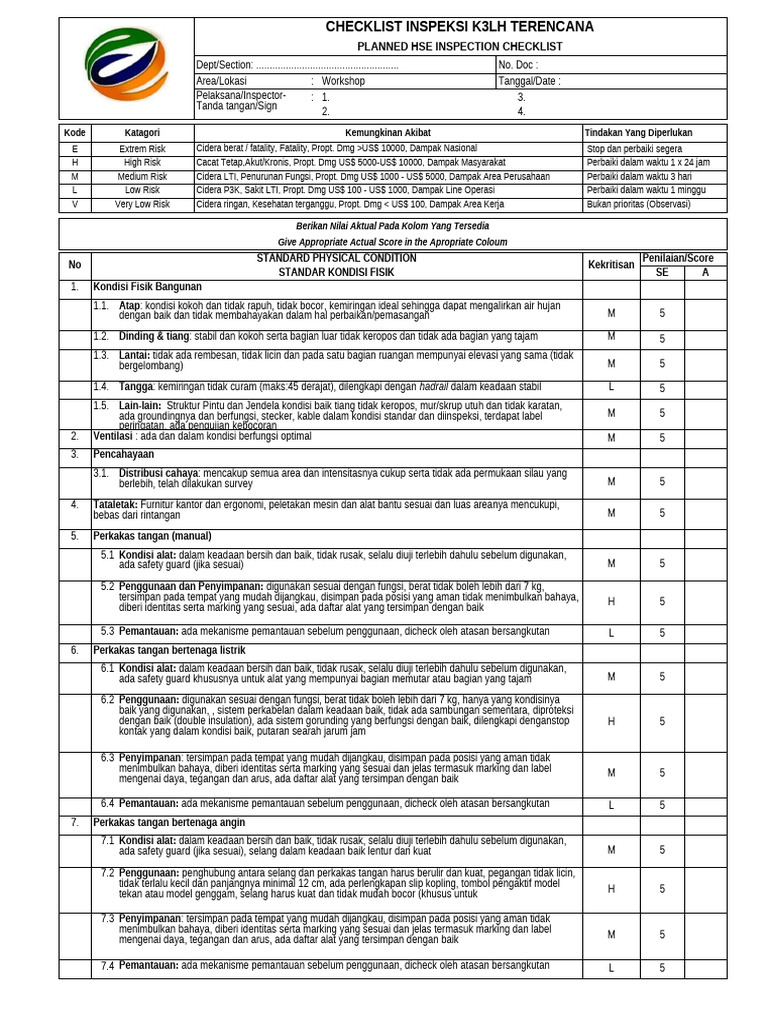 Checklist Inspeksi K3LH Terencana | PDF