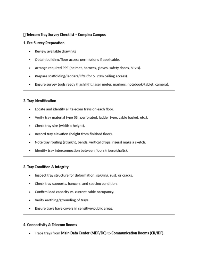 Telecom Tray Survey Checklist Guide | PDF