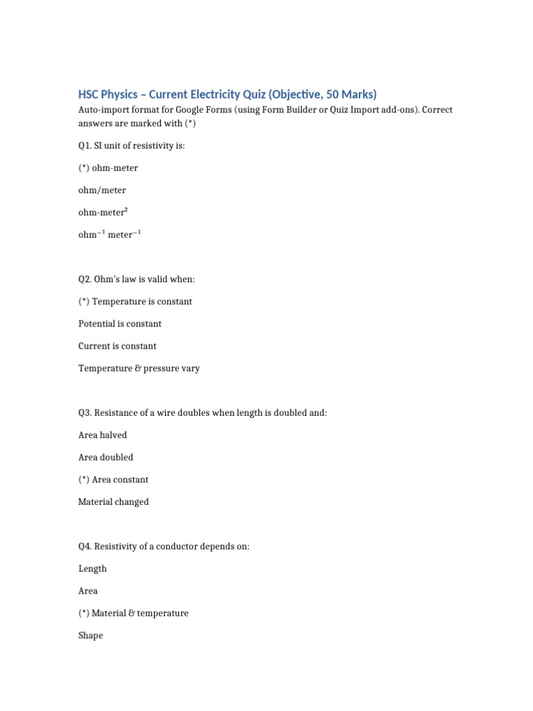 HSC Current Electricity Quiz AutoImport | PDF | Electrical Resistivity ...