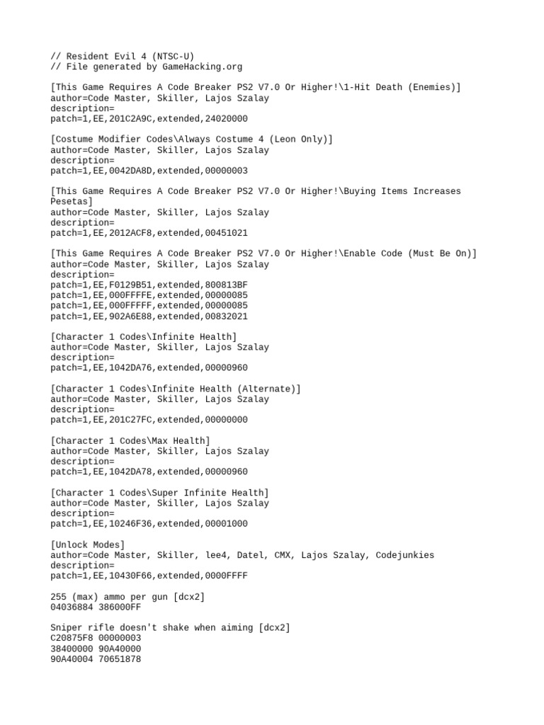 Resident Evil 4 PS2 Cheat Codes | PDF