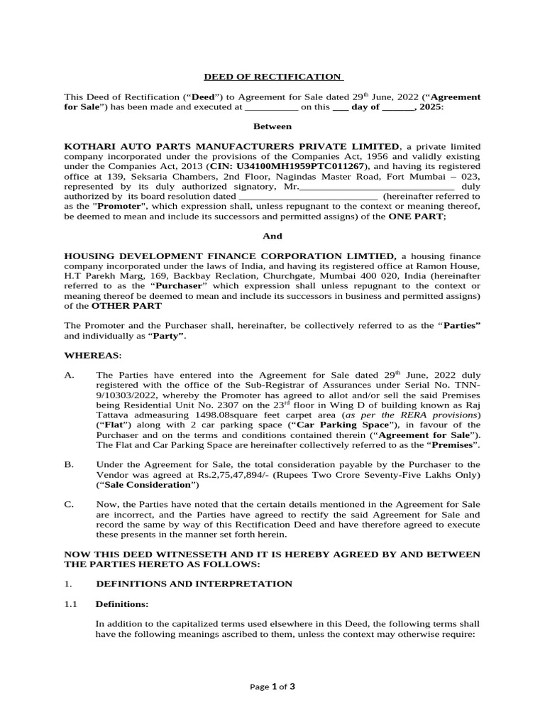 Rectification Deed - Raj Tattva & HDFC - 29.08.2025 - Clean | PDF ...