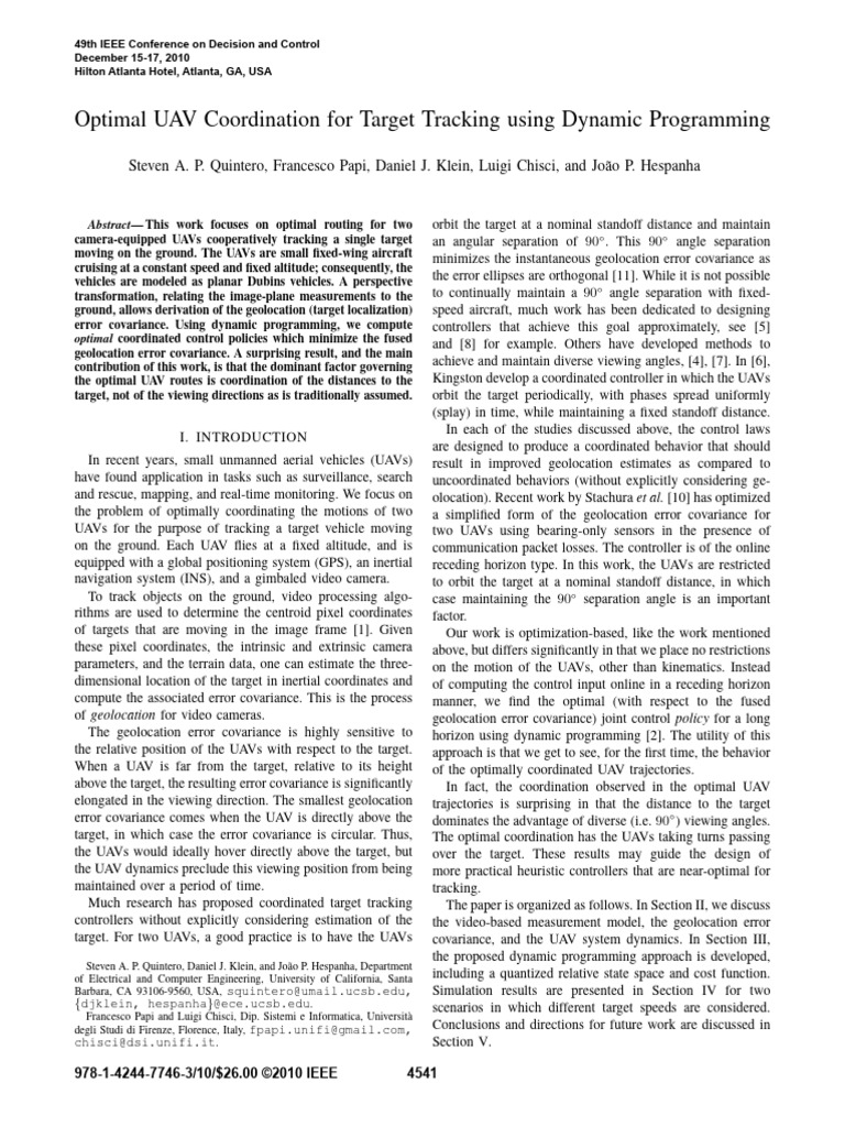 Optimal UAV Coordination For Target Tracking Using Dynamic Programming ...