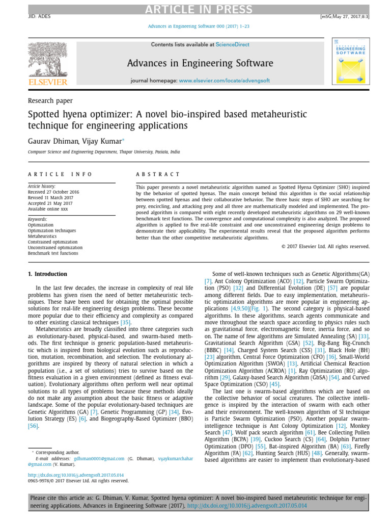 Spotted Hyena Optimizer for Engineering | PDF | Metaheuristic ...